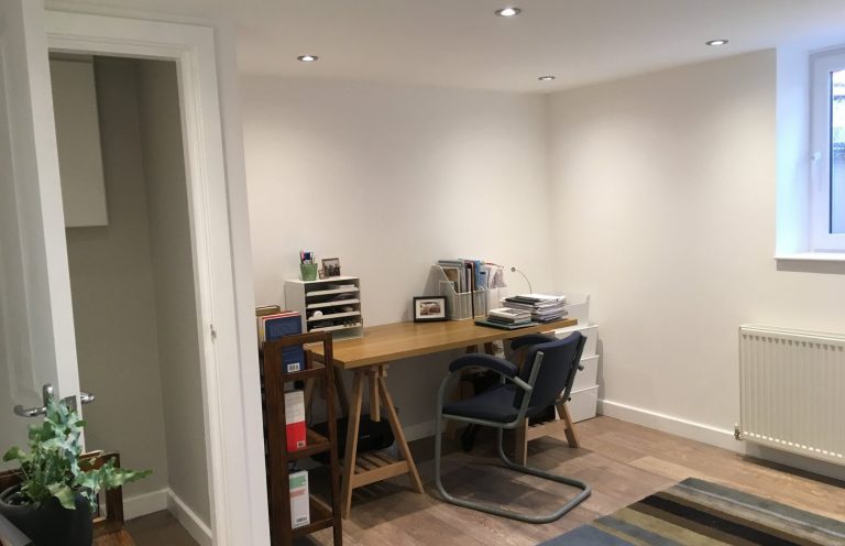 A minimalist home office with a desk, chair, printer, and indoor plants.