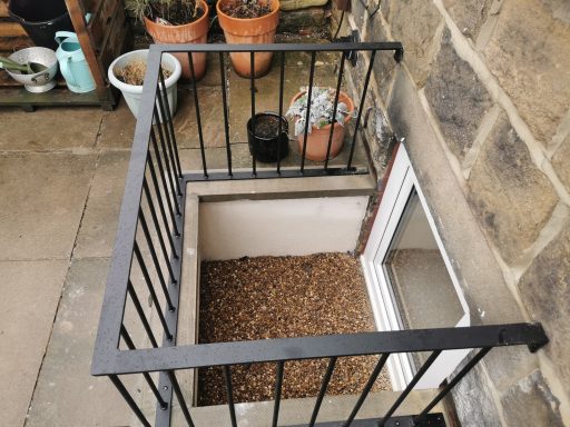 Stone steps lead to a small basement entrance surrounded by a metal railing and potted plants.