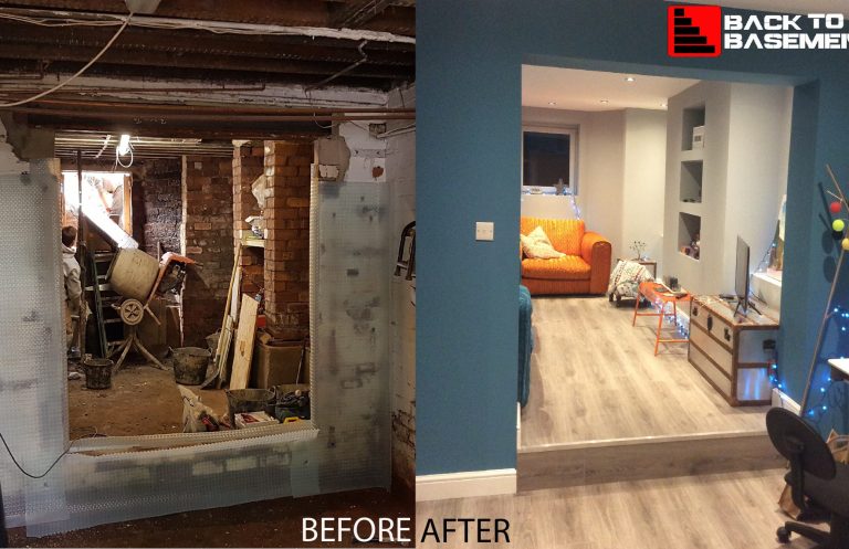 Before-and-after transformation of a renovated basement space.