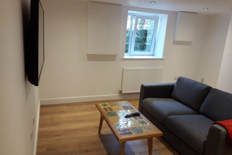 Modern basement living room with a grey sofa, coffee table, TV, and a window.