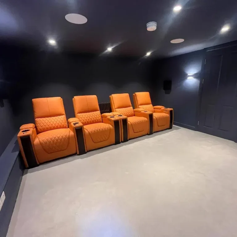 Home cinema room basement conversion Leeds home cinema room basement conversion Roundhay Park Leeds with leather seating and recessed lighting